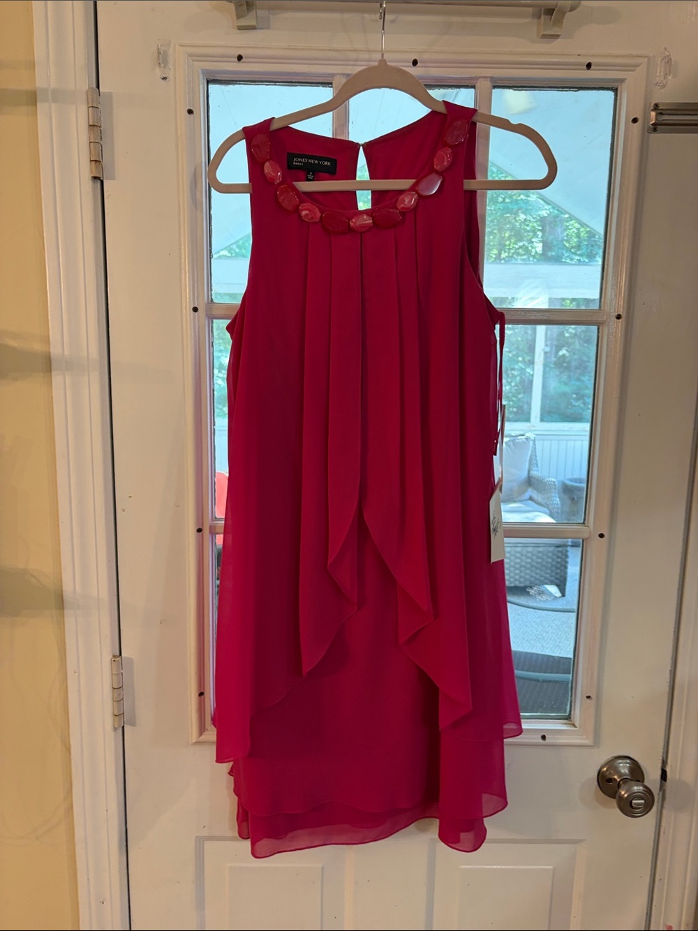 Jones New York Sleeveless Hot Pink Layered Chiffon Dress with Beaded Collar